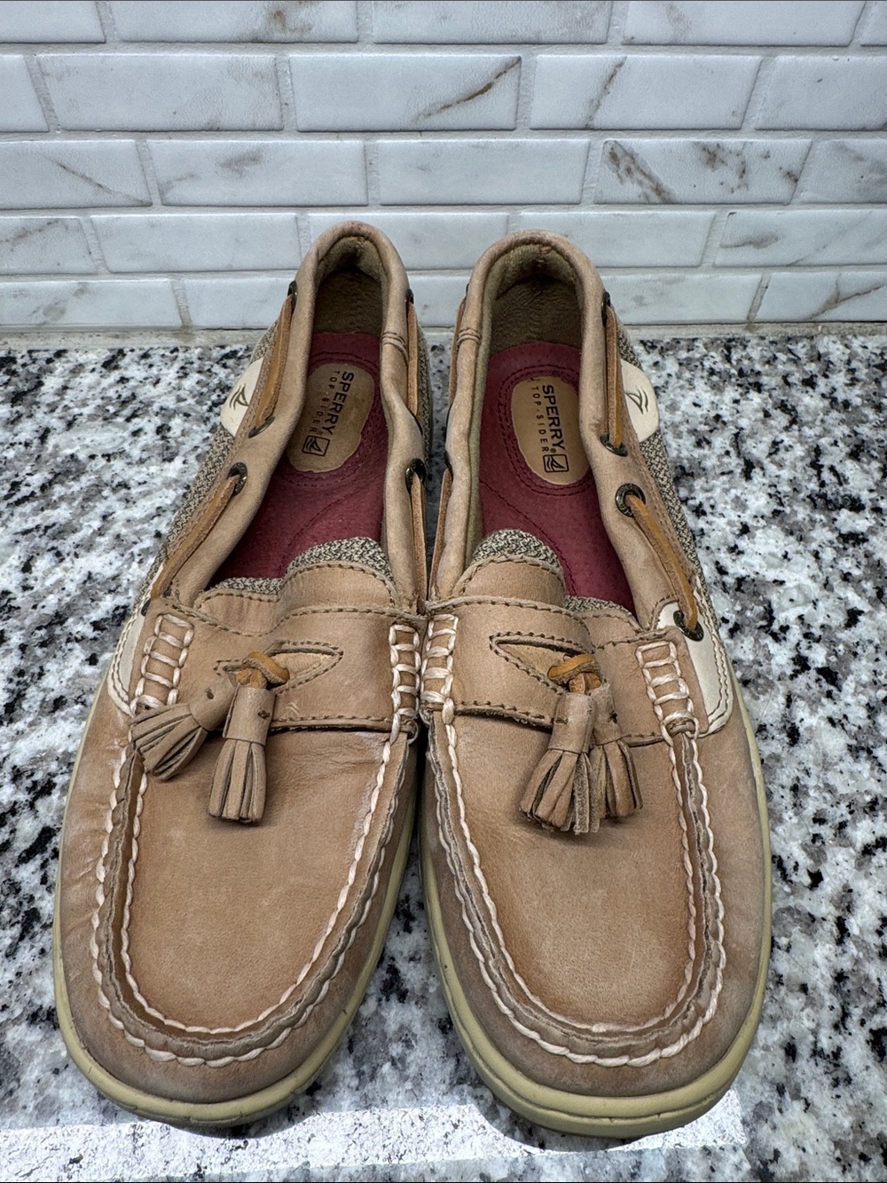 Sperry Beige Leather Tassel Boat Shoes with Burgundy Insoles